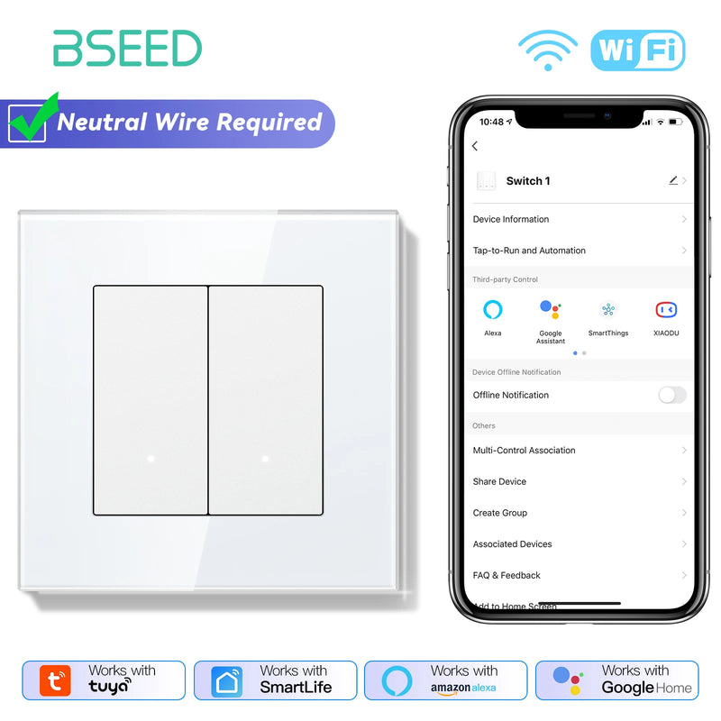 BSEED WIFI Light Switch 1/2/3Gang 2Way Smart Click Button Switch With EU Wall Socket Glass Panel Tuya Smart Life Alexa Control