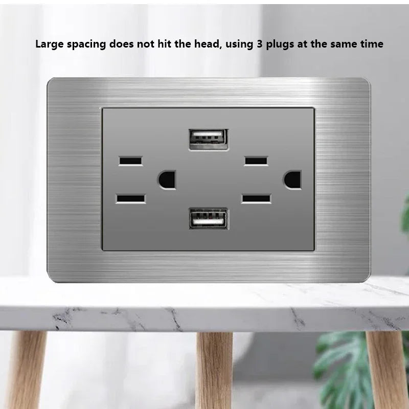 American Standard Wall Light Switch Power Socket Universal Plug with usb US Stainless Steel 2way Socket Panel 118*74m Computer