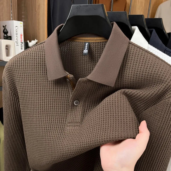 Men's Long Sleeve Waffle Knit Polo Shirt – Soft Cotton Blend, Slim Fit, Casual Business Top for Autumn Winter, Multi-Color