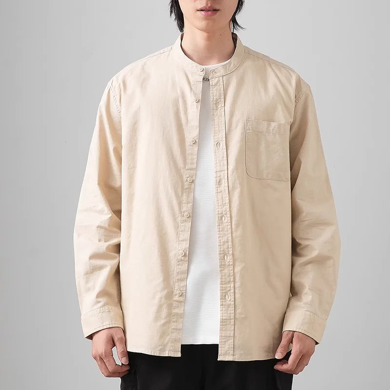 DUKEEN Linen Fabrics Men's Shirts Autumn Casual Stand-Up Collar Long Sleeve Solid Color Tops Formal Non-Ironing Men's Clothing