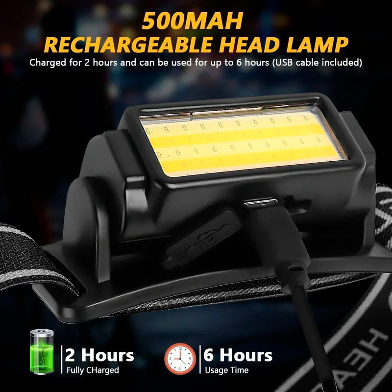 ភ្លើងមុខ COB LED ដ៏មានអានុភាពខ្លាំង ប្រើ USB ទៅ Type-C សាកថ្មបាន ពិលក្បាល ពិលភ្លើងមុខ សម្រាប់នេសាទ បោះតង់