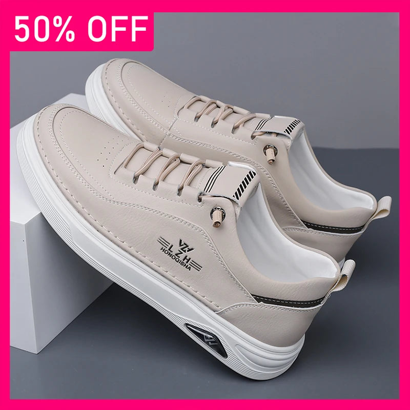 Men Casual Shoes Anti Slip Thick Sole Comfortable Soft Leather Breathable Fashionable Versatile Lace Up Outdoor Walking Shoes