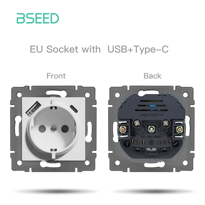 BSEED Wall Button Switch 1/2Gang USB Type-C Wall Socket Module Part Internet TV Telephone Socket Plastic Frame DIY Function Part