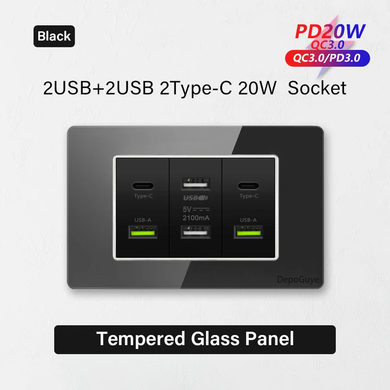Type 118 White Black Grey Tempered Glass Wall Socket Panel 6 Charging port Triple USB Type C Wall Plug 3.1A 5V Outlet 118*75mm