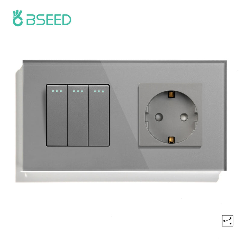 BSEED Mechanical Light Switch Wall Socket Glass Frame 1/2/3Gang 2Way Wall Switch Power Outlet Button Switches Wall Socket