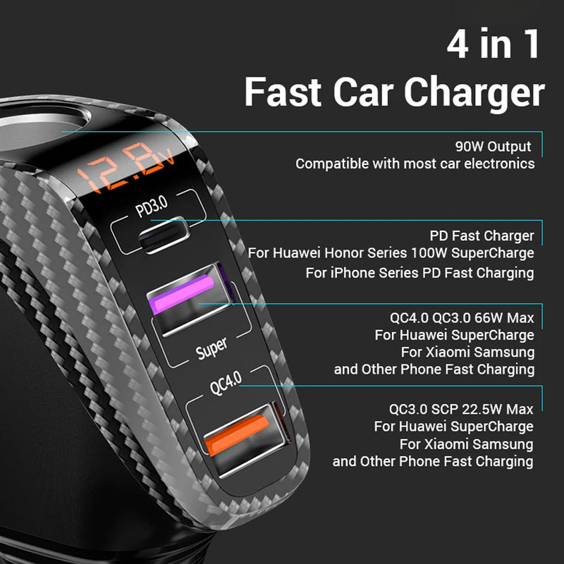 ឆ្នាំងសាករថយន្ត USB 100W សាកលឿន QC3.0 QC4.0 PD3.0 SCP 4 ក្នុង 1 សាកថ្មលឿនសម្រាប់រថយន្ត iPhone 12 13 Xiaomi Huawei Samsung