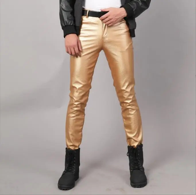 2026 Bright Green Men's Biker Leather Pants, Fashion Slim Stretch PU Pants Red Blue Black Gray Men Pant Plus Size 28-36 38 40