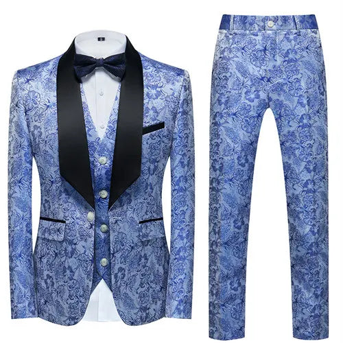 Men's Blue Jacquard Fabric Suit 3-Piece, Fashion Slim-Fit Blazer Jacket Trousers Vest, Spring  Autumn New Men Sets, Asian Size