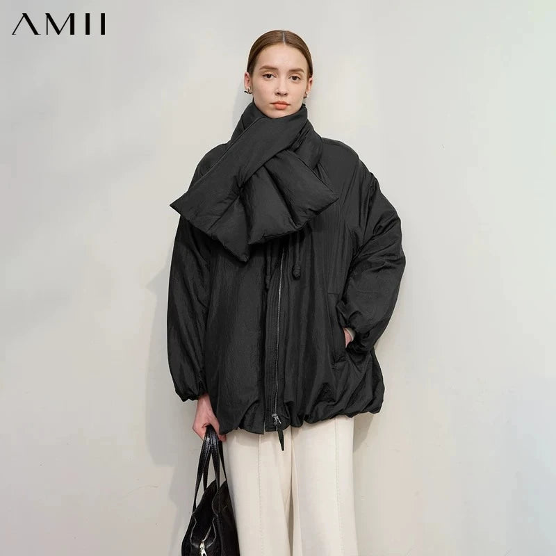 AMII Down Coats 2026 Winter New Warm Casual O-Neck Long Sleeves Solid Color Down Jackets Woman Zipper Loose Jacket Top 12554030