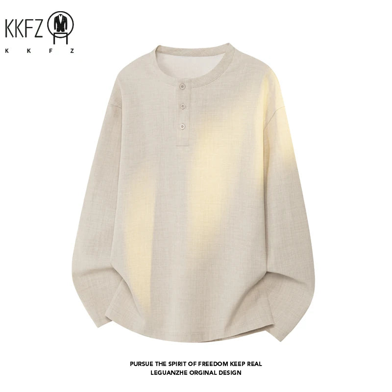 Mens Autumn Henley Collar Pullover Textured Fabric Half Button Placket Loose Long Sleeve Leisure Clothing