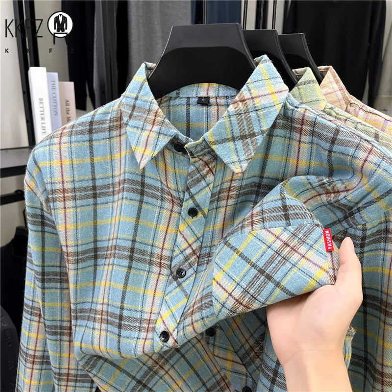 Street Fashion Plaid Shirt Loose Fit Chest Pocket Woven Label Autumn Casual Button Down Layered Overshirt