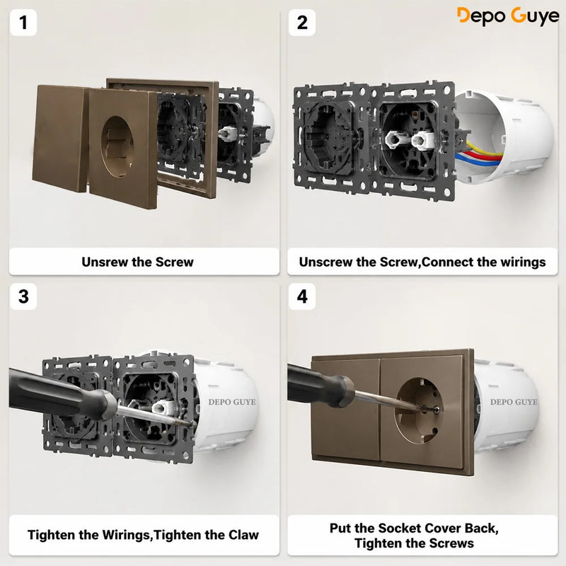 Brown EU Russia Socket with USB TypeC+A Double French 1 2 Gang TV Computer CAT6 Switch DIY Function Parts Plastic Frames