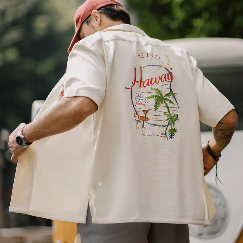 Maden Summer Hawaiian Embroidered Short Sleeve Shirt Men's Cuban Collar Lapel Draping Shirts Daily Vacation Versatile Tops