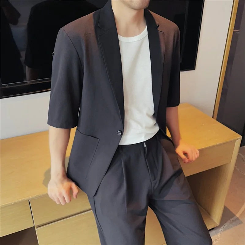 Men's Imitation Linen Short-Sleeve Suit Set – Lightweight Blazer & Wide-Leg Trousers for Summer Business & Casual Wear
