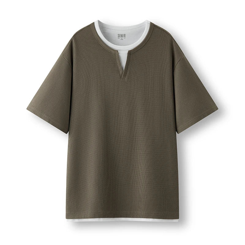 Semir Men Tshirt Short Sleeve V Neck Colorblock Waffle Knit 2026 Autumn Loose Casual Style Pullover Everyday Top