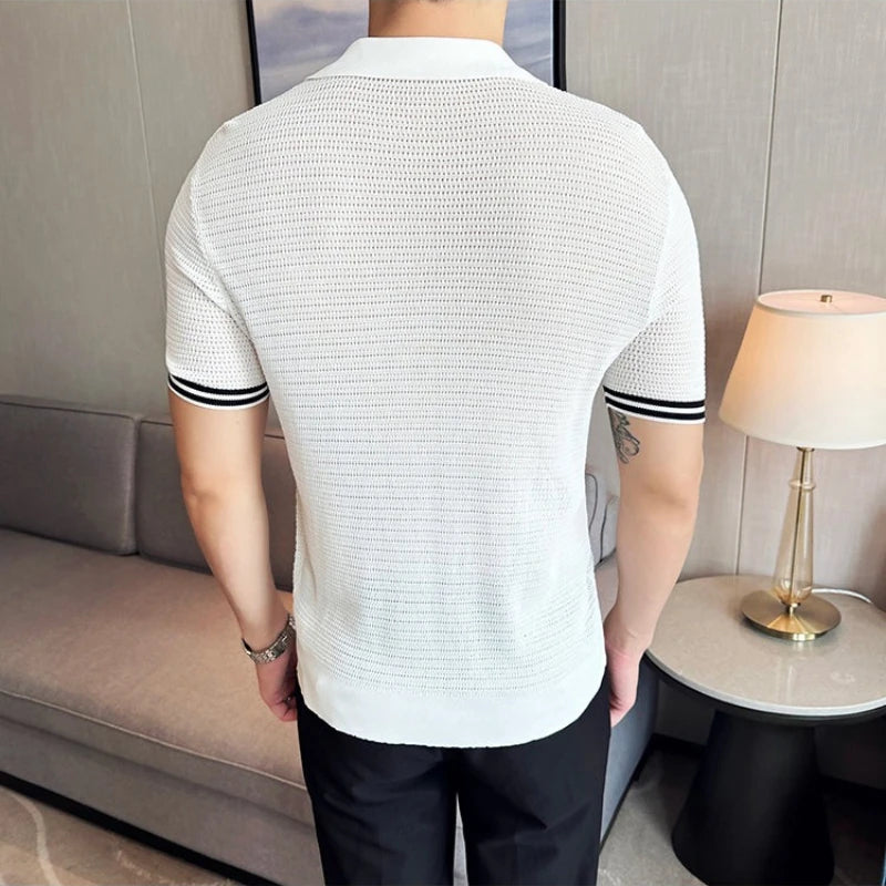 Men's Contrast Trim Knitted Polo Shirt - Slim Fit V-Neck Short Sleeve Summer Top | Breathable Textured Business Casual Tee