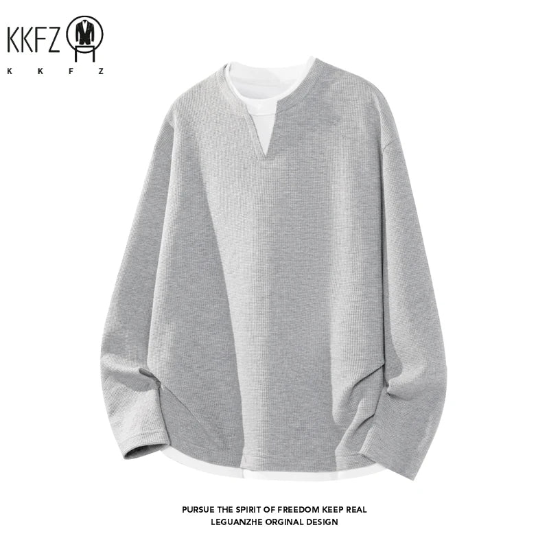 Men's Waffle Knit Fake Two���Piece Long Sleeve T���Shirt Notch V���Neck Drop���Shoulder Loose Fit Casual Layered Look Tops