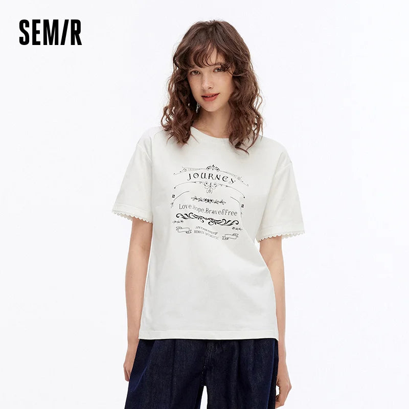 Semir Womens Tshirt 2026 Letter Printed Loose Lace Hem Fashion Trendy Casual Soft Daily