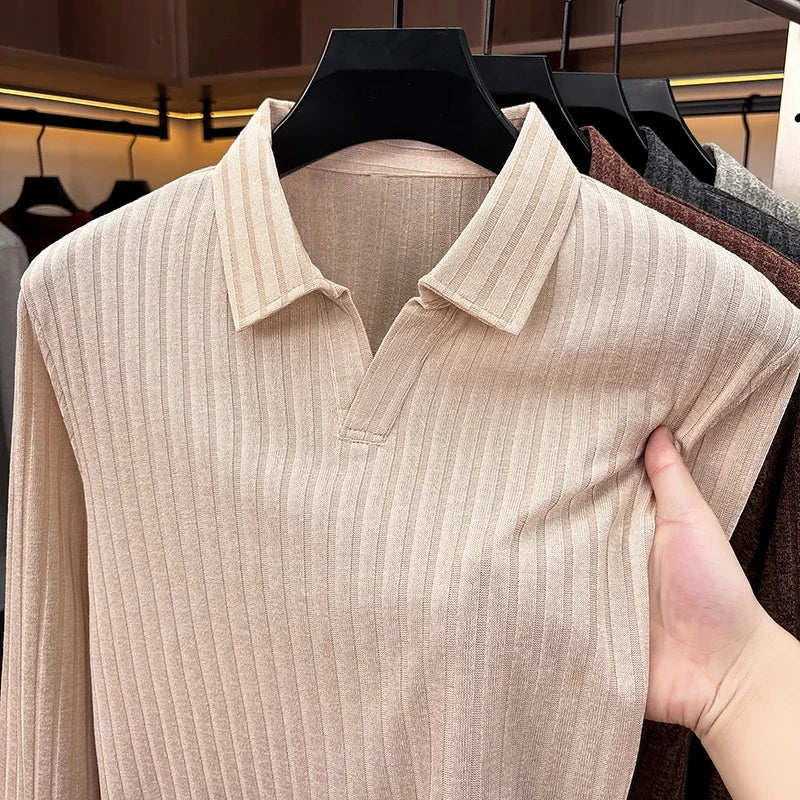 Men Casual Office Knit Polo Long Sleeve V Notch Collar Vertical Rib Texture Loose Comfort Pullover Shirt