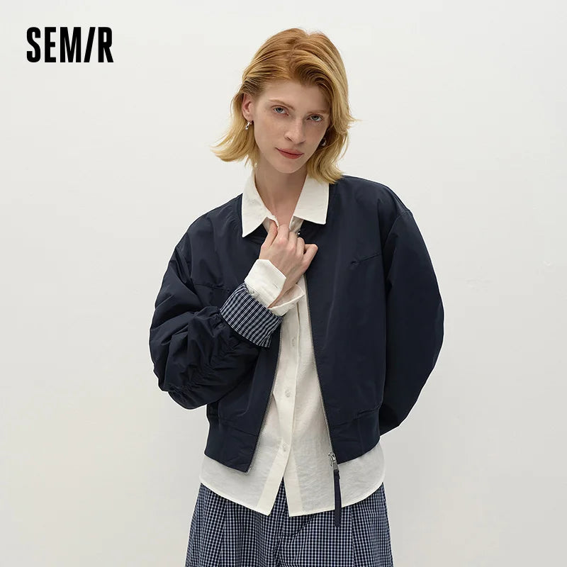 Semir Women Jacket Baseball Collar Plaid Patchwork Faux Layer Loose 2026 Autumn College Style Casual Outerwear Daily Wear