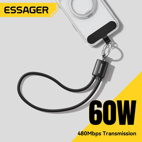 ខ្សែសាក Essager 60W USB Type C Lanyard ខ្សែខ្លីសម្រាប់ Samsung S25 S24 Xiaomi iPhone 17 16 15 Pro Type C ដល់ Type C Cable