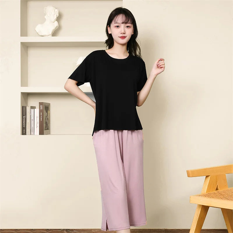 Korean Summer Pajamas Women Sleepwear Pijama Suit Patchwork Color Home Clothes Chest Pad Short Sleeve Nightwear Two Piece Set