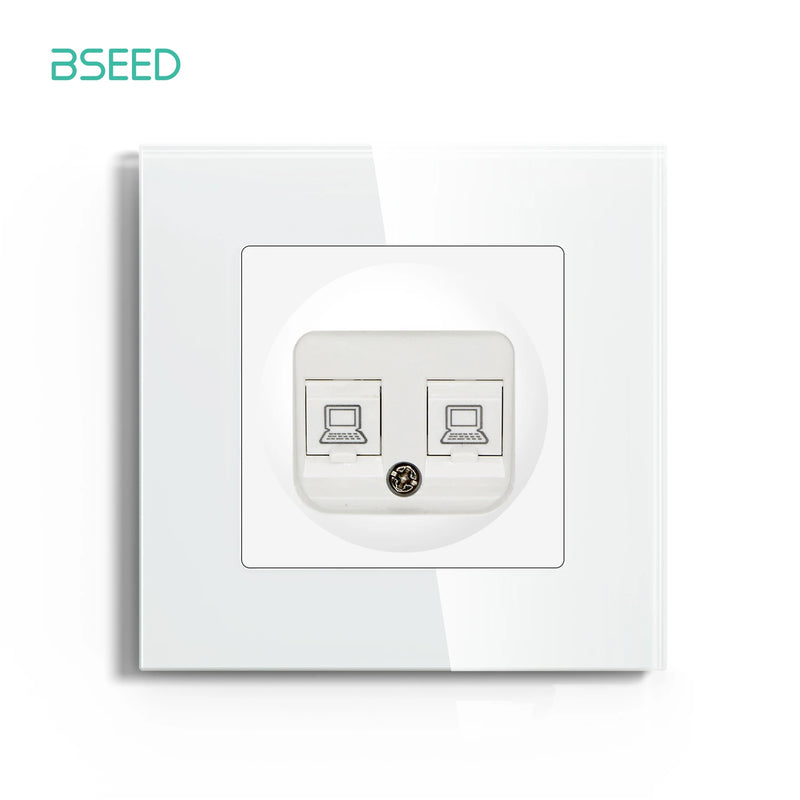 BSEED EU Standrad Wall Power Socket TV Plug RJ45 Internet Socket Satellite Outlet Glass Panel TV Telephone Computer