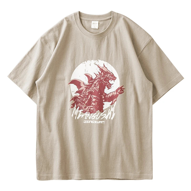 Dukeen 320g Heavyweight Short Sleeved T Shirt Men Summer Monster Printing Half Sleeve Oversized Cotton Casual Mens Tops