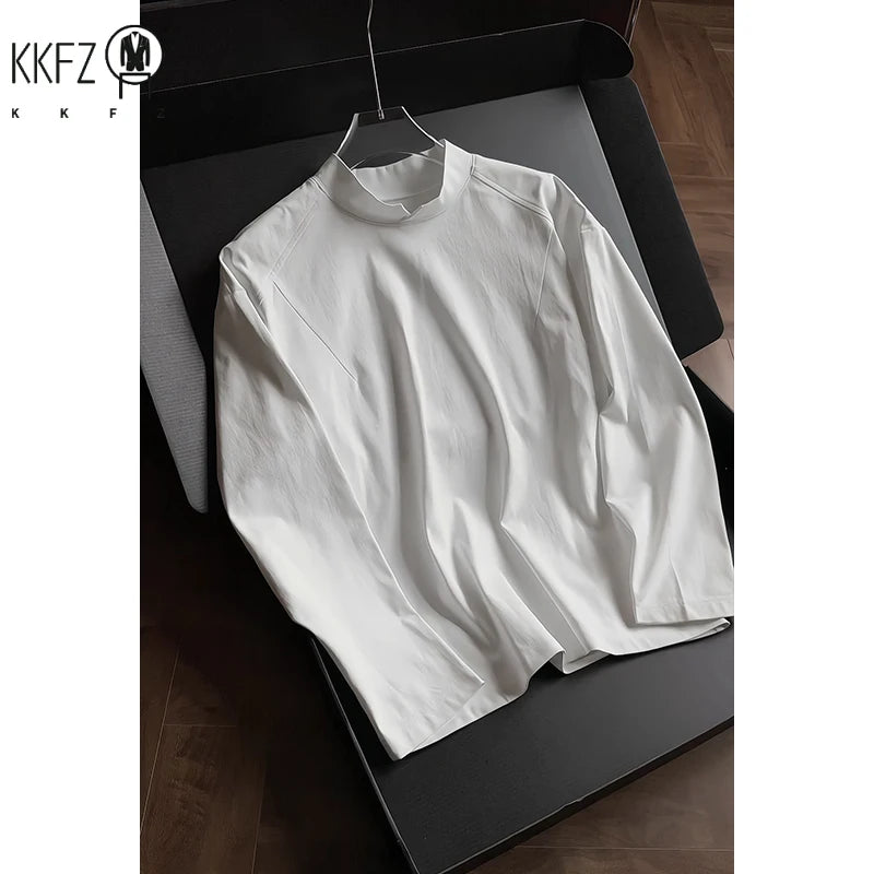 Mens Daily Wear Notched Mock Neck Long Sleeve Tee Solid Plain Fabric Loose Silhouette For Weekend Casual Gathering