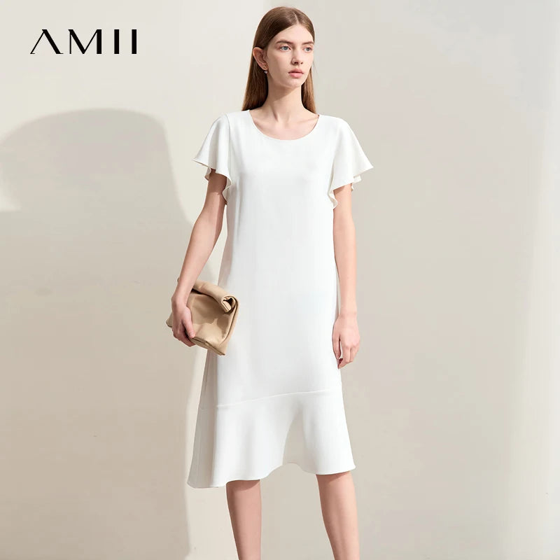 AMII Women's 2026 Summer Casual Dresses Round Neck Short Sleeve Solid Dress Woman Fashion Office Lady Loose Clothing 12522130