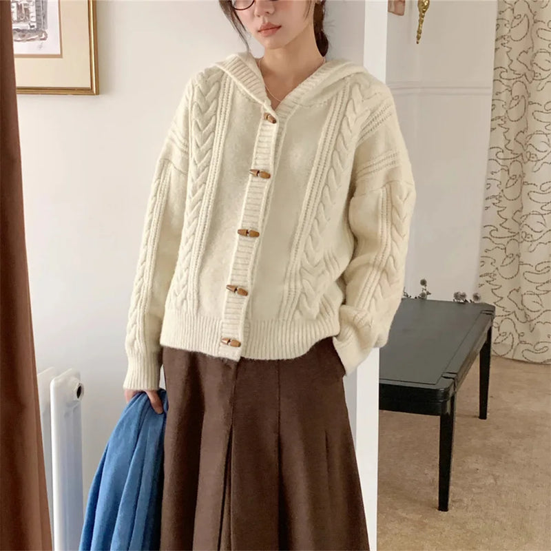 Spring Autumn Clothes Woman Hooded Buttons Knitwear Top Woolen Women's Sweater Jacket Knitting Female Cardigan Coat