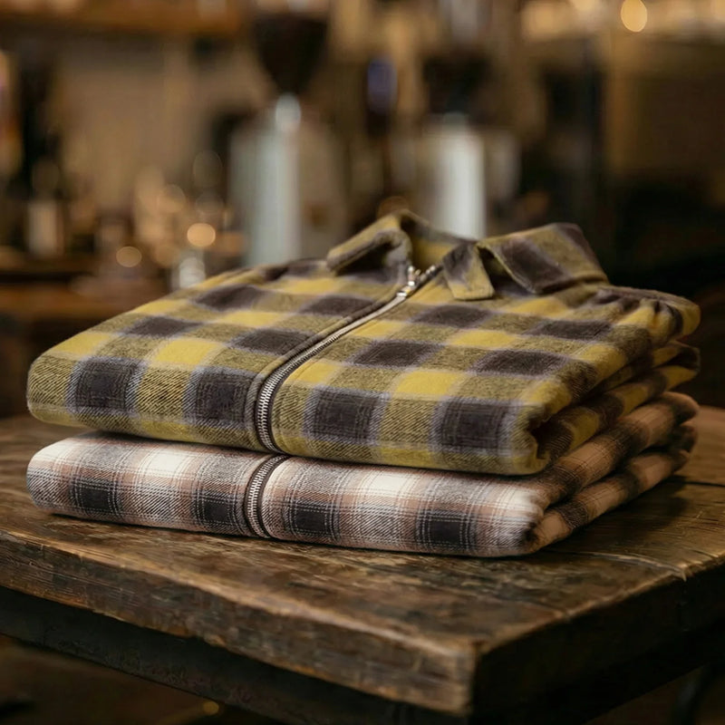 អាវ បុរស Maden បែប Retro Plaid អាវ កប្បាស មាន ខ្សែ រ៉ូត ជាមួយ កអាវ បើក ចុះ សម្រាប់ រដូវផ្ការីក និង រដូវស្លឹកឈើជ្រុះ