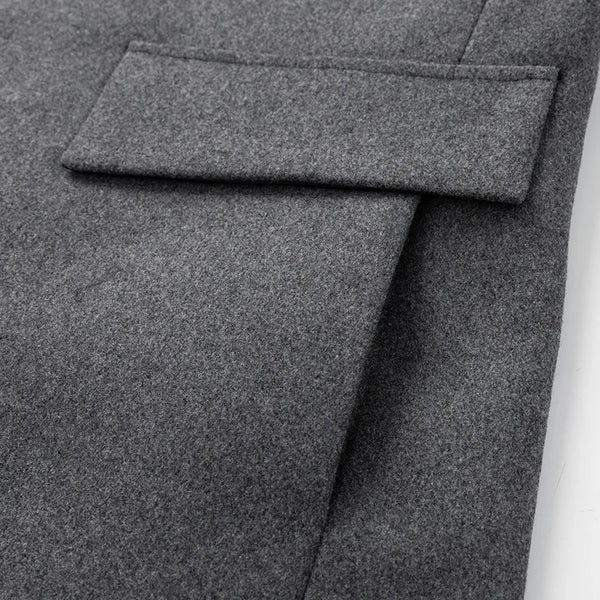 New Winter Men's Dark Gray Tweed Trench Coat—a Warm, Long Jacket with A Black Single-breasted Lapel.