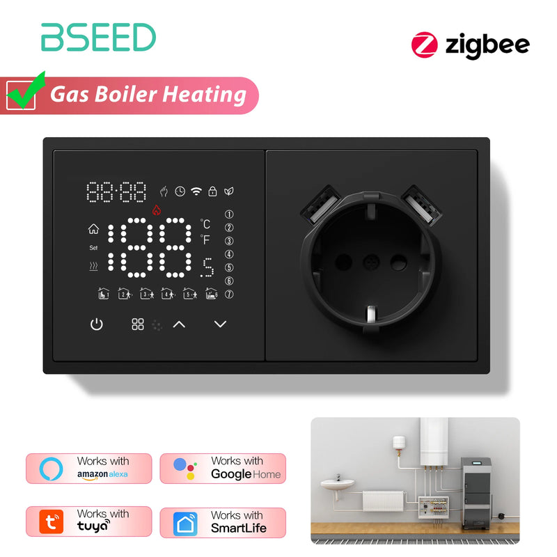 BSEED Zigbee Thermostat Smart Electric Floor Heating Water Boiler With Socket Alexa Google Temperature Controller Plastic Frame