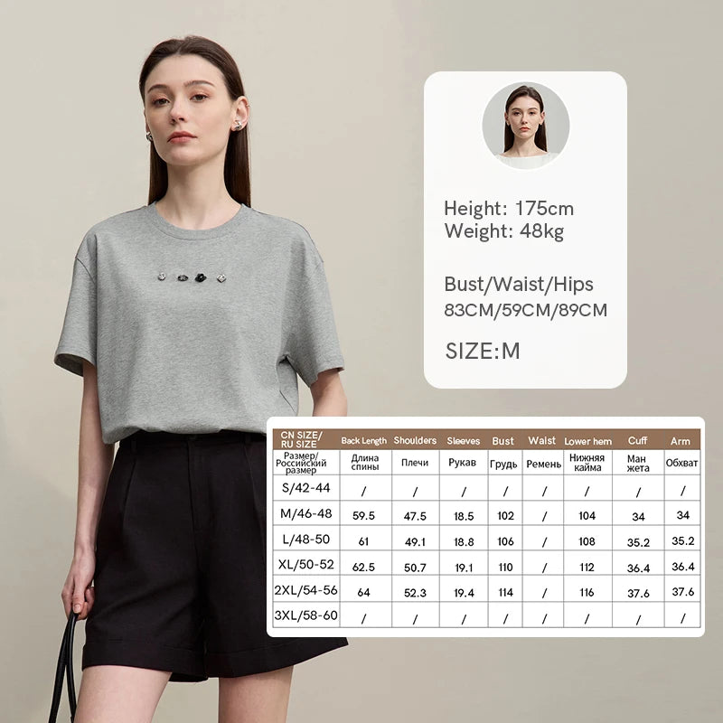 Amii Women's T-Shirt 2026 Summer New Rhinestone Cotton Short Sleeve T-shirts Women O-Neck Knit Tee Top Loose Clothing 12642019