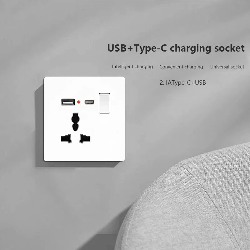 UK Standard Power Socket 13A Dual USB Plug Type-C Wall Outlet,1/2/3gang 2way Switch, White Universal 5pin Wall electrical socket