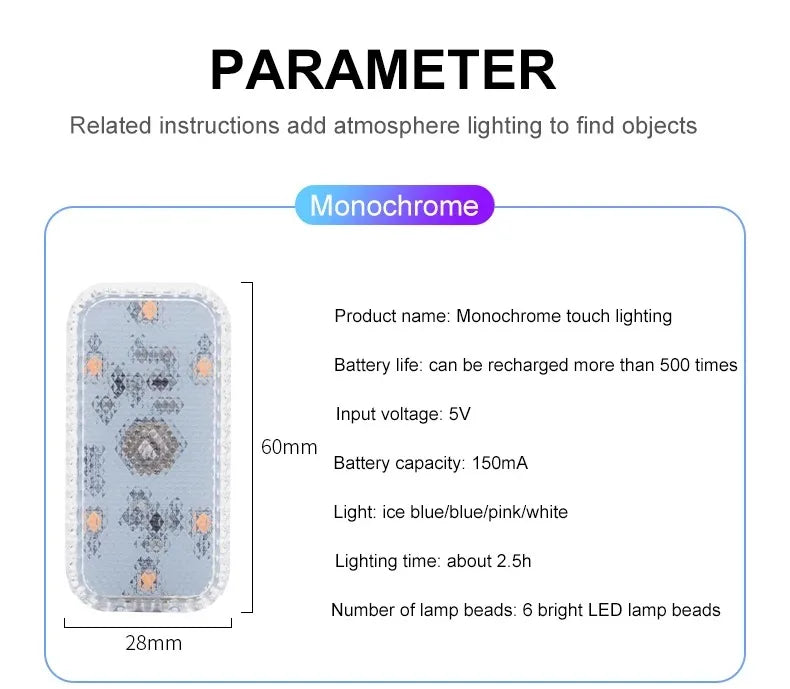 LED Touch Light Mini Wireless Car Interior Lighting Auto Roof Ceiling Reading Lamp for Door Foot Trunk Storage Box USB Charging