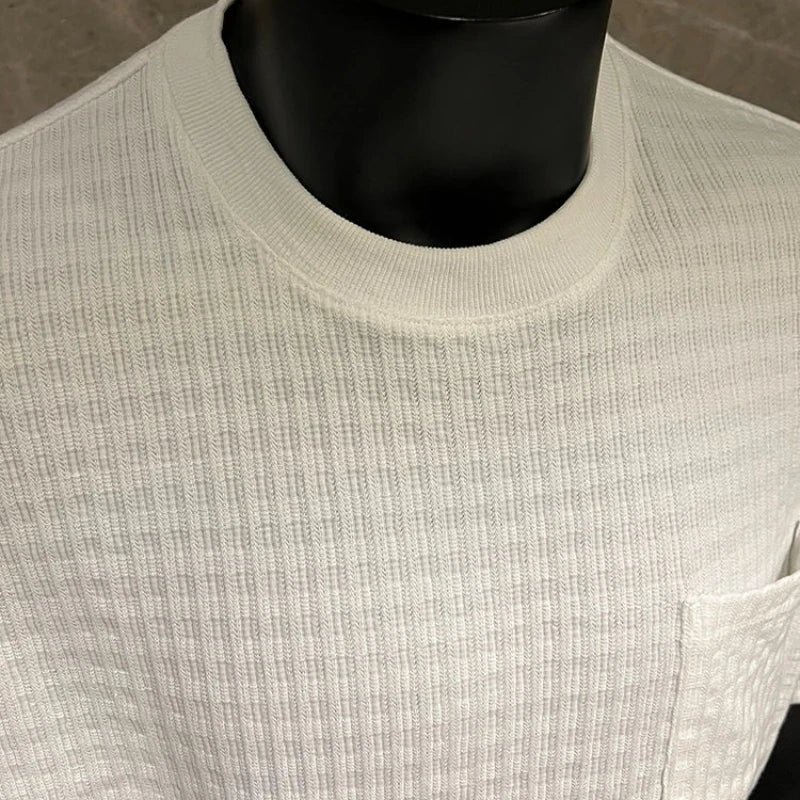 Men's 260g Ribbed Jacquard T-Shirt, Short Sleeve with Chest Pocket, Heavyweight Casual Top 35% Cotton, Breathable Sweat-wicking