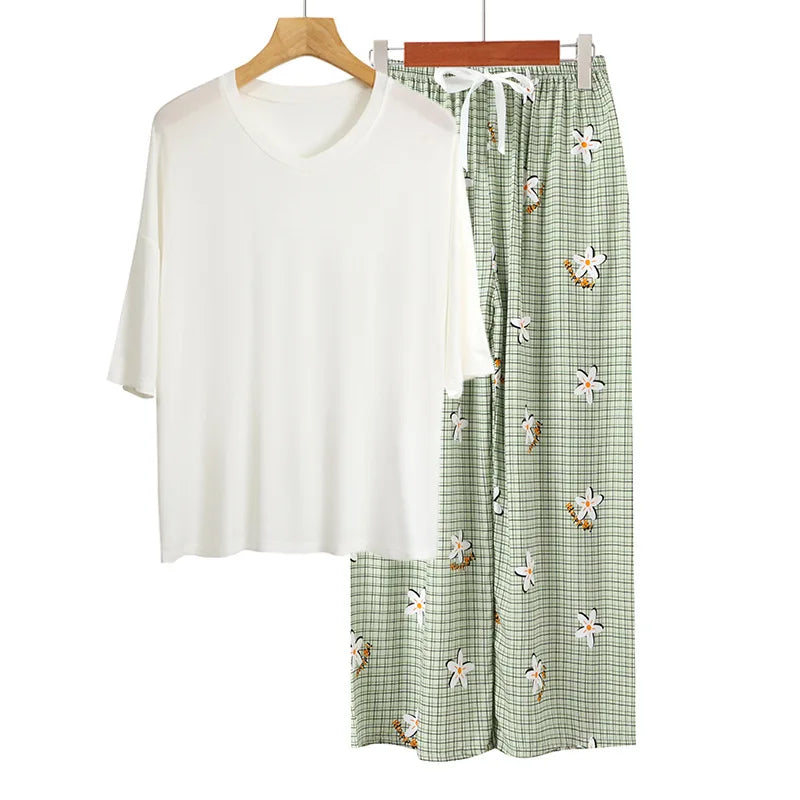 Nightwear Modal Woman Pajamas Spring Summer Casual Sleepwear Set Loose Casual Women's Home Clothes Short Sleeve Trousers Suit