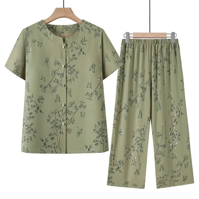 ឈុតខោដៃខ្លី ទំហំ XL-5XL ធ្វើពីកប្បាសរ៉ាយ៉ុង ឈុតគេងពីរដុំសម្រាប់ម្តាយវ័យកណ្តាល សម្លៀកបំពាក់នៅផ្ទះធម្មតាសម្រាប់ស្ត្រី
