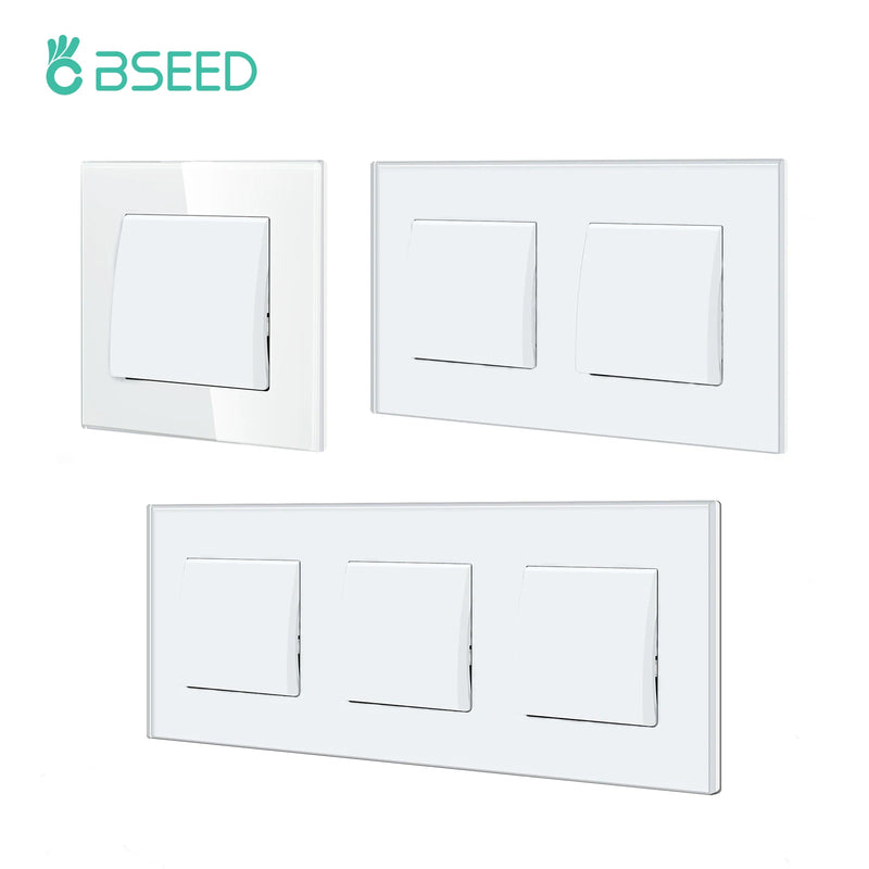 BSEED EU Standard Wall Light Switch 1/2Gang 1/2Way Toggle Switch Glass Panel White Color Wall Switch On Off 10A 250V for Stairs