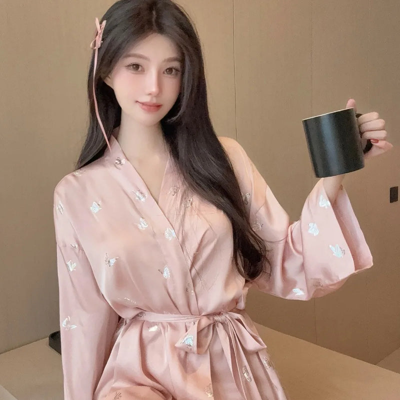 Kimono Robe Sleepwear Comfort Bathrobe Loungewear Woman Clothing New Spring Autumn V Neck Long Sleeve Women's Dressing Gown