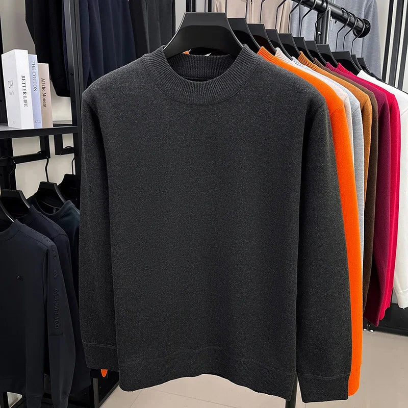 Soft Knitted Half High Neck Sweater Men Full Fleece Lined Thermal Pullover Breathable Long Sleeve Outfit For Fall Winter