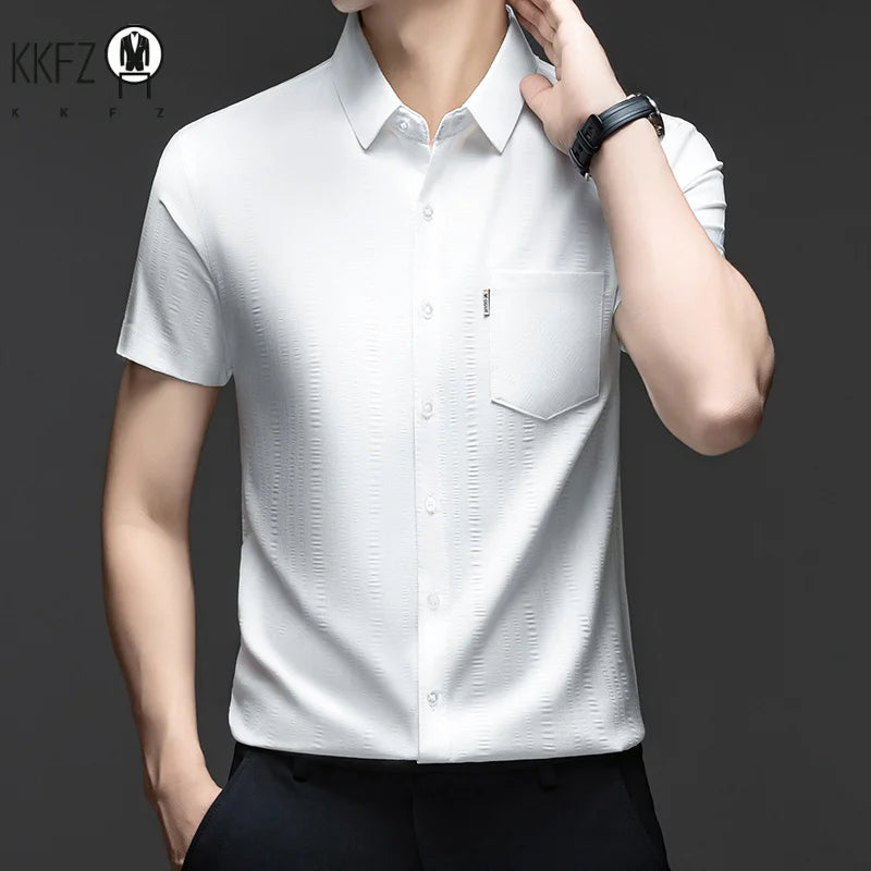 Mens Short Sleeve Shirt Casual Regular Fit Button Up Lapel Collar With Pocket Soft Breathable For Business Weekend Wear
