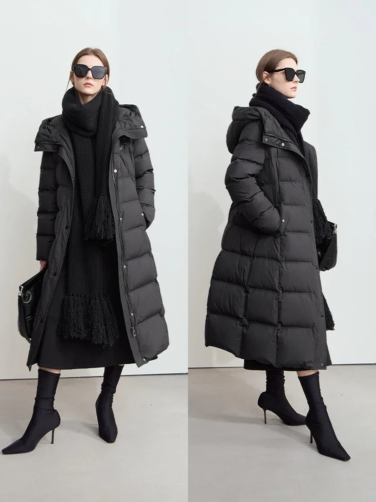 Amii 2026 Winter New Warm Hooded Graphene Lining Long Down Jacket Women Leather Brand Decorative Fashion Commuter Coat 12444029