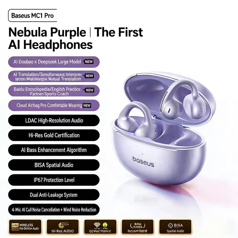 កាសស្តាប់ត្រចៀកឥតខ្សែ Baseus MC1 Pro កាសស្តាប់ត្រចៀកប៊្លូធូសបើកត្រចៀក IP67 ការពារទឹកជ្រាប ENC សំឡេងរំខាន កាសស្តាប់កីឡា លេងបានយូរ