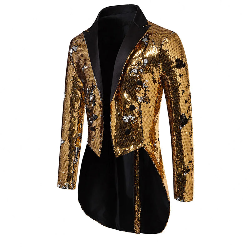 2026 Men's Blue Metallic Shiny Sequins Tuxedo, Performance,Party Dress Coat, Fashion Long Cardigan Suit Jacket,Red, Gold Blazers