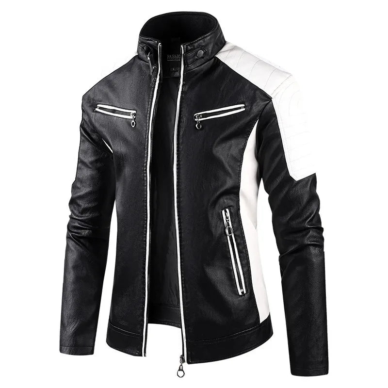 Autumn Men's Stand Collar Color-Block PU Jacket, Black Faux Leather Jackets, Spring Casual Coat. Asian Size Loose Fit Top.