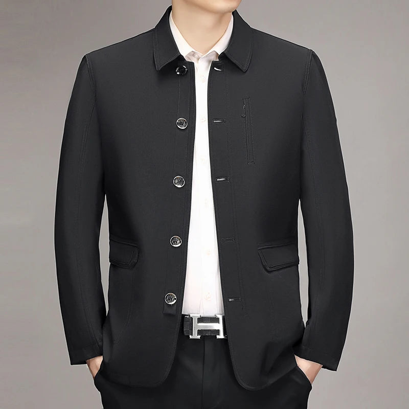 2026 New Men's Red Long-sleeve Collared Jacket, Black Single-breasted Casual Coat, Navy and Khaki Tops.