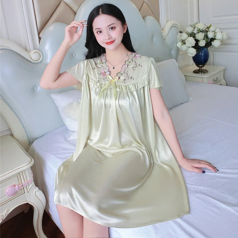 Nightwear Sexy Night Dress Nightie Sleeping Home Dress Pijama Plus Size Sleepwear Women's Silk Satin Sleepdress Nightgowns
